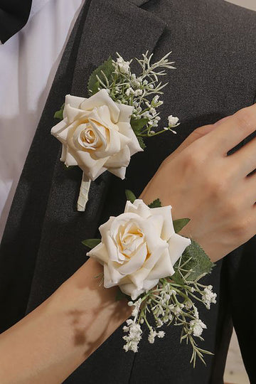 Elfenben håndled corsage og mænd Boutonniere sæt til prom fest